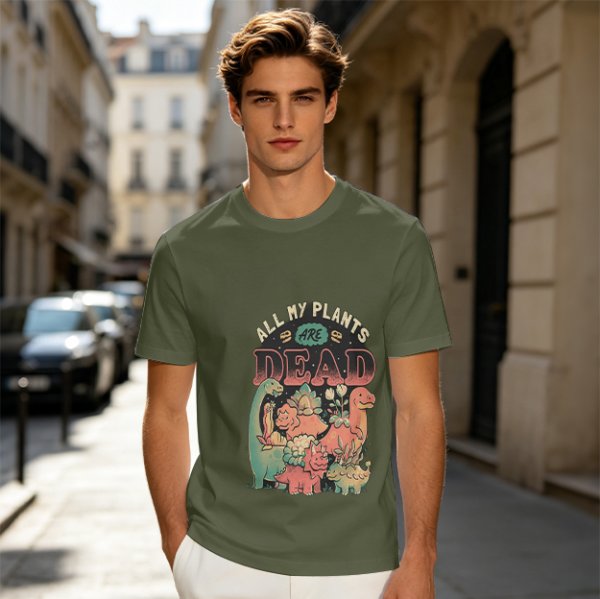 Olive graphic t-shirt with 'All My Plants Are Dead' dinosaur print