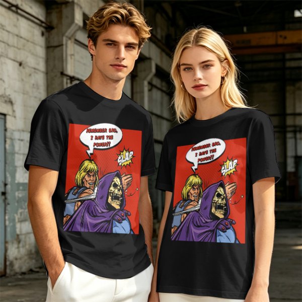 Olive T-shirt with He-Man slapping Skeletor comic print