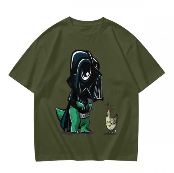 Olive T-shirt with cartoon dinosaur in Darth Vader helmet and chicken print