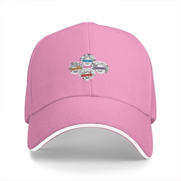 Black baseball cap with four stylized older women wearing colored visors