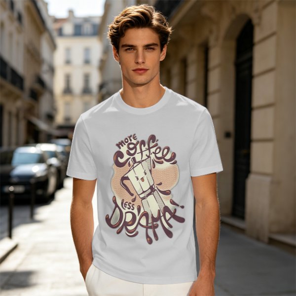 Olive t-shirt with 'More Coffee Less Drama' and moka pot graphic