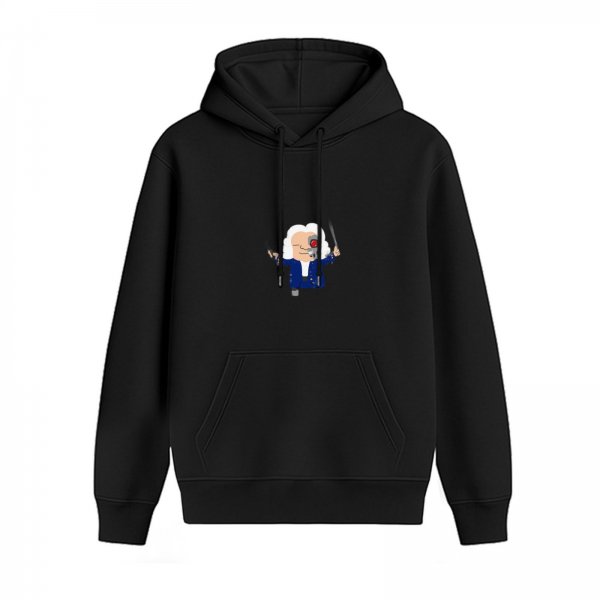 Black hoodie with cyborg founding father cartoon graphic
