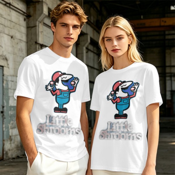 Olive T-shirt with Cartoon Character Holding Mushrooms Print