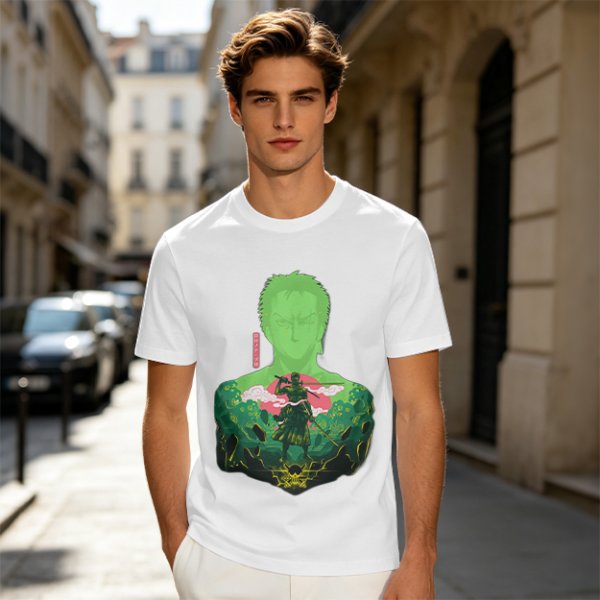 Olive Anime T-Shirt With Samurai Warrior Silhouette Art