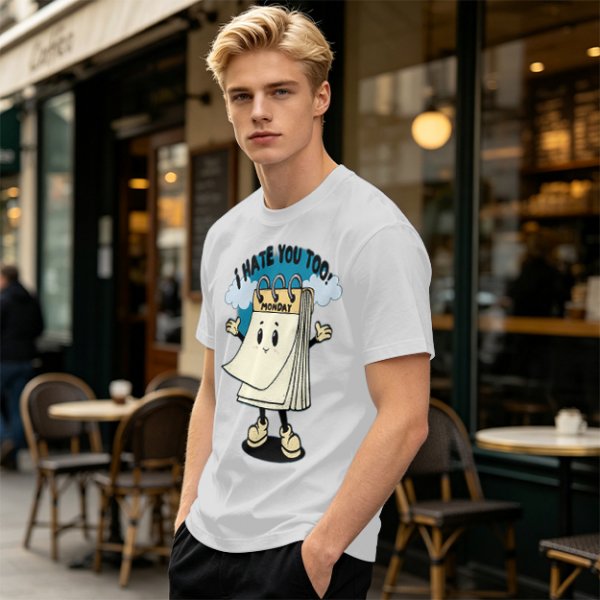 Olive t-shirt with cartoon Monday calendar graphic and 'I HATE YOU TOO' text