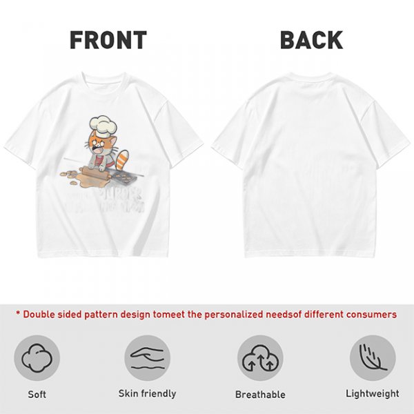 Olive T-shirt with a stressed cartoon cat baking cookies