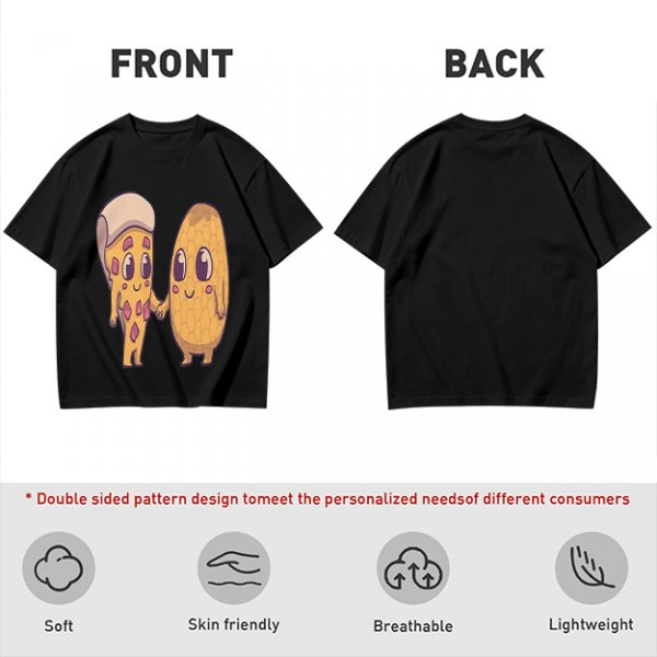 Olive Green T-Shirt With Cute Pizza And Corn Holding Hands Art