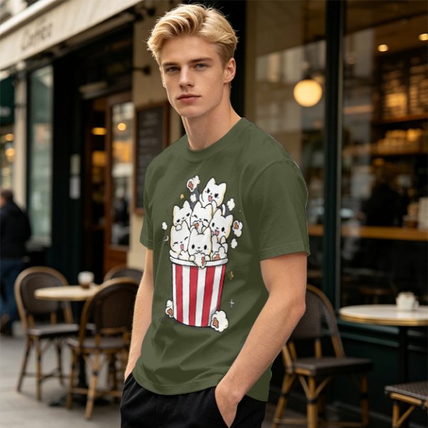 Olive T-Shirt With Cute Kitten Popcorn Bucket Graphic