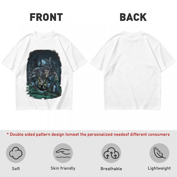 Olive Green T-Shirt With Night Graveyard Cat Illustration