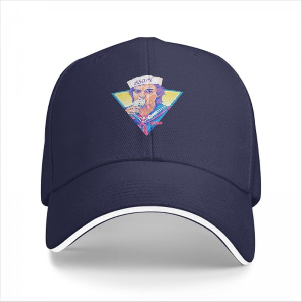 Black baseball cap with Stranger Things Steve Harrington Scoops Ahoy graphic