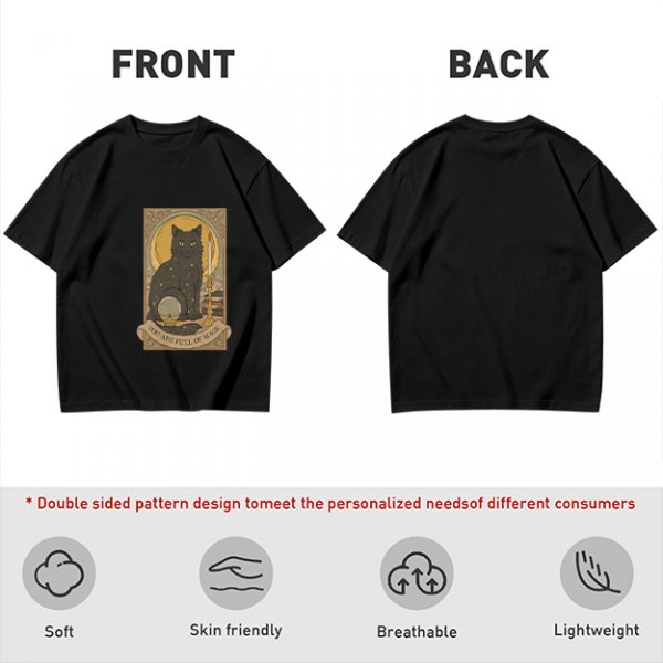 Olive T-Shirt With Black Cat Tarot Card Art That Says You Are Full Of Magic
