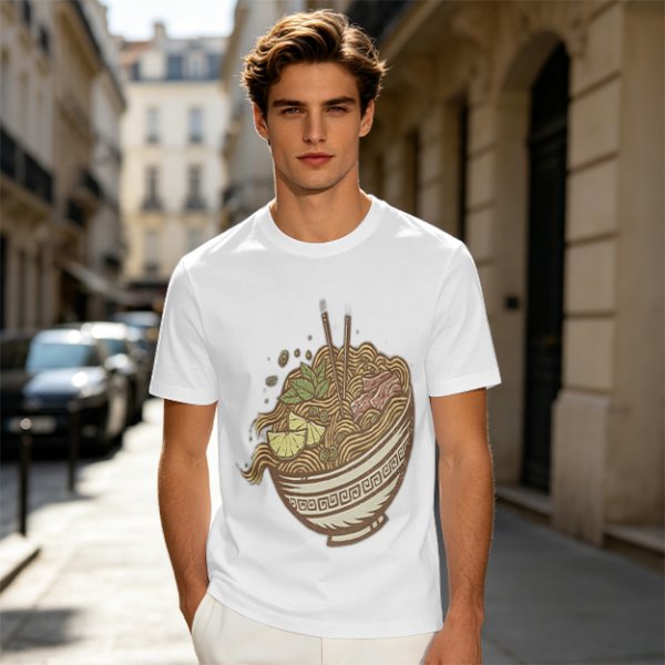 Olive Green T-Shirt With Illustrated Noodle Bowl Print