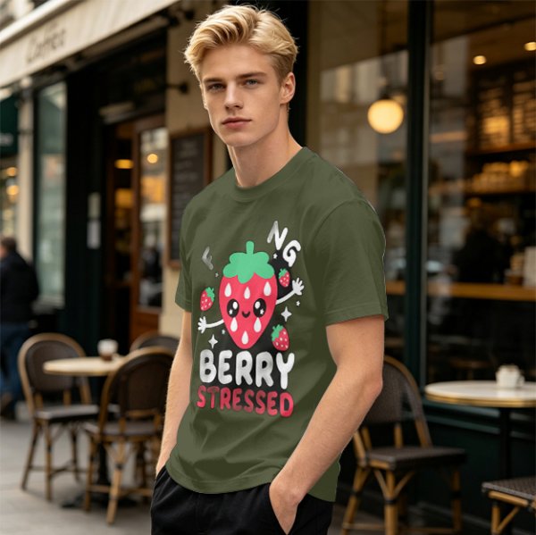 Olive graphic t-shirt with crying strawberry and 'berry stressed' text