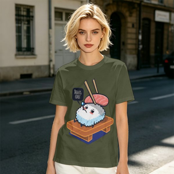 Olive T-Shirt With Sad Sushi Character Saying Thanks Chef Print
