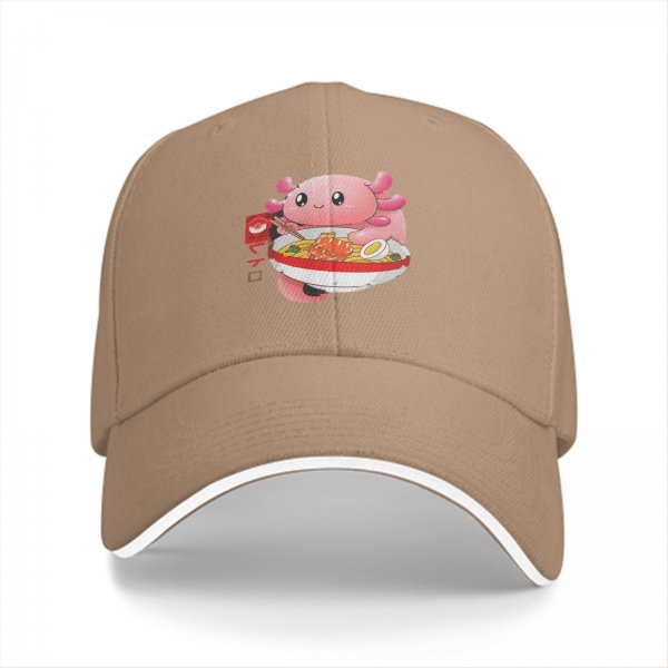Black baseball cap with cute axolotl eating ramen graphic