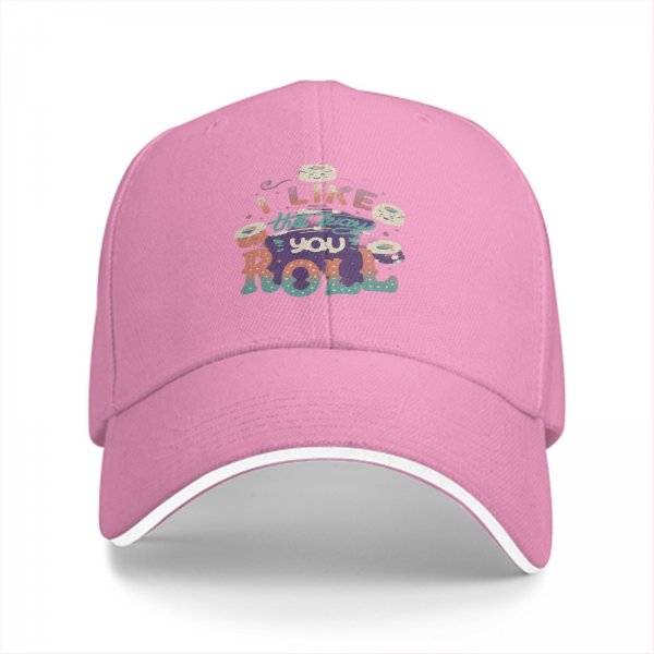 Black baseball cap with sushi graphic and 'I Like The Way You Roll' text