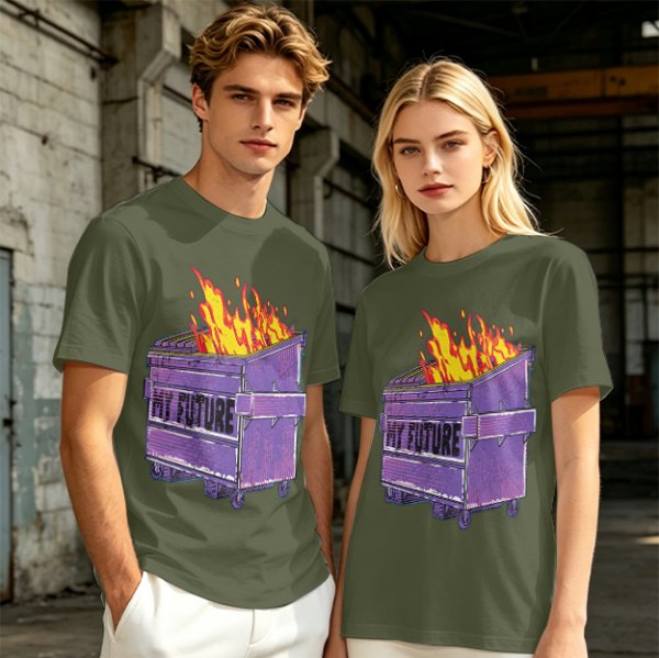 Olive T-Shirt With Burning Dumpster 'My Future' Graphic