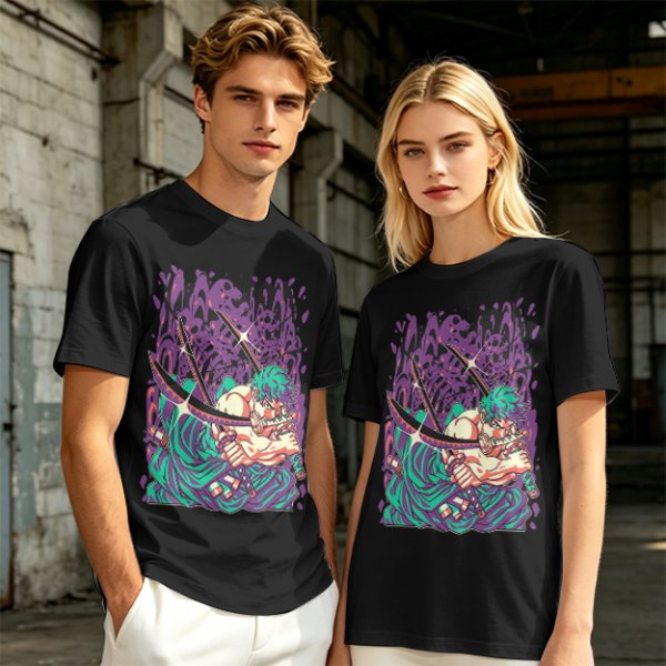 Olive T-Shirt With Anime Swordsman Graphic Print