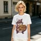 Olive t-shirt with a raccoon holding a fast food trash sign