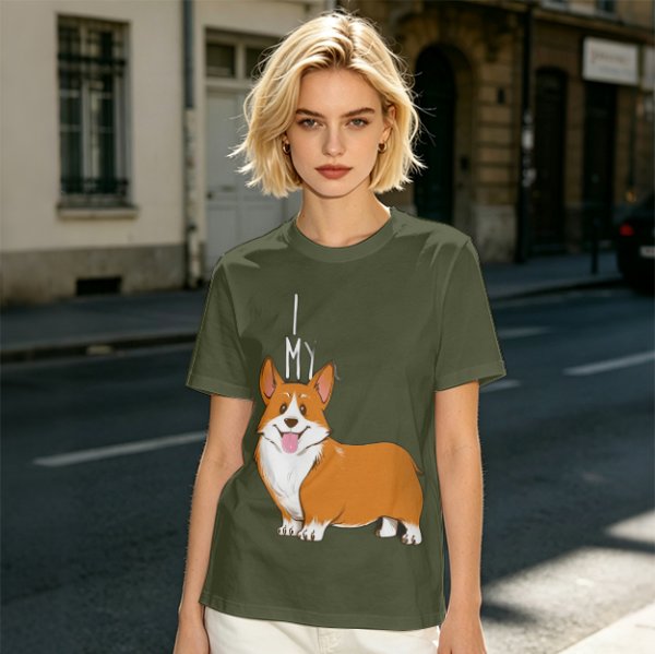 Olive Green T-Shirt With I Love My Corgi Graphic Print