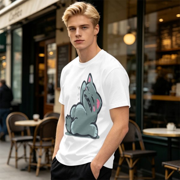 Olive T-Shirt With Embarrassed Gray Cat Graphic Print