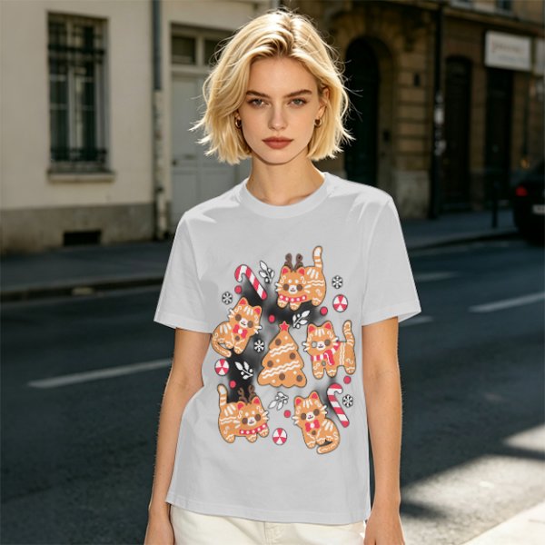 Olive Green Christmas Cat Gingerbread Graphic T-Shirt