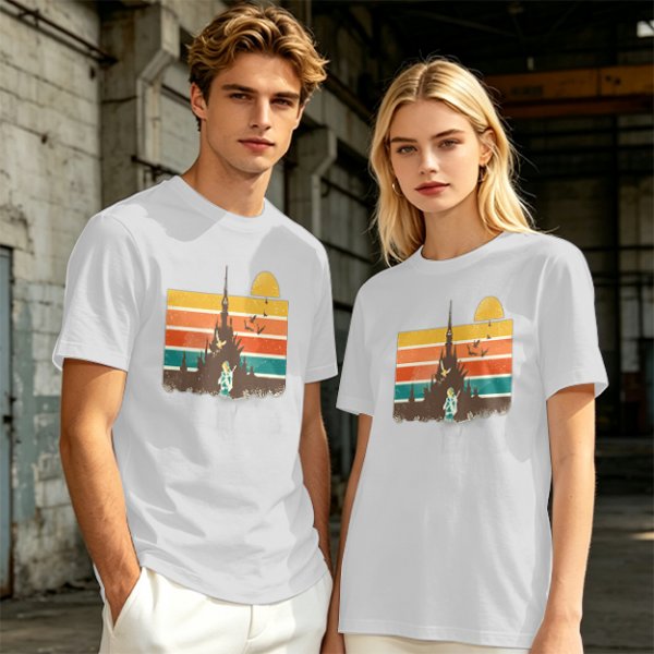 Olive T-Shirt With Retro Sunset Fantasy Castle Graphic