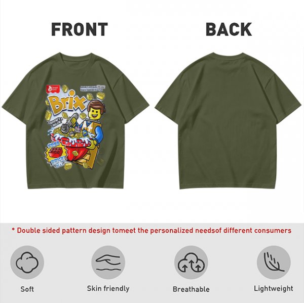 Olive t-shirt with Lego-style Brix cereal graphic print