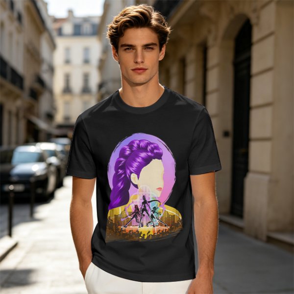 Olive T-Shirt With Purple Haired Woman And Concert Stage Print