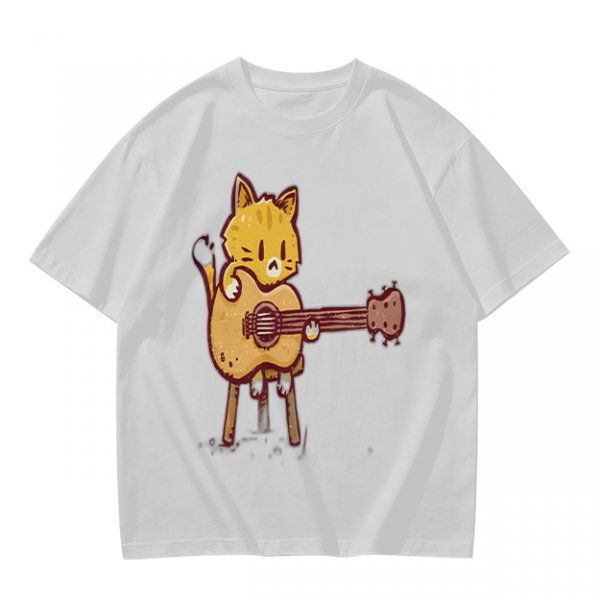 Olive T-shirt with Cute Orange Cat Playing Guitar Graphic