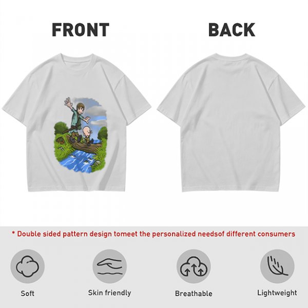 Olive T-shirt with Cartoon Boys Balancing on Log Over Stream