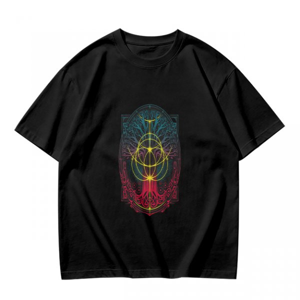 Olive Green T-Shirt With Colorful Mystical Geometric Tree Print