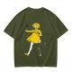 Olive Green T-Shirt With Whimsical Yellow Girl Graphic Print