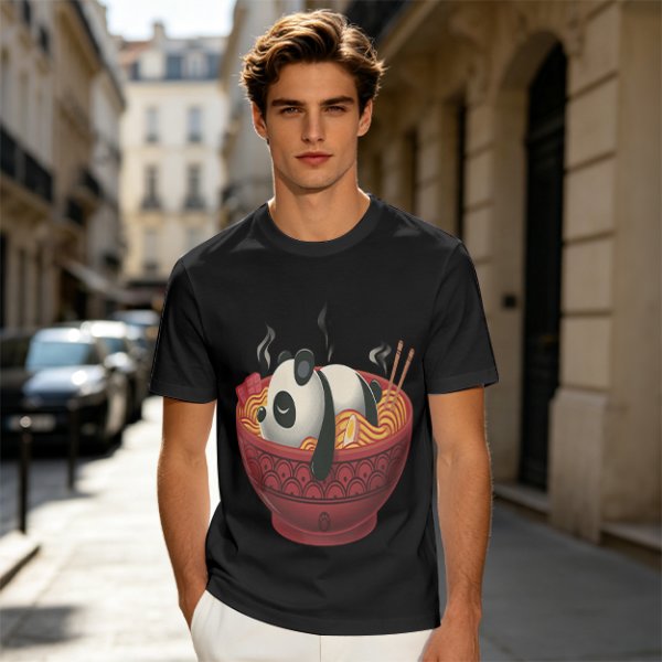 Olive green t-shirt with a panda relaxing in a steaming ramen bowl print