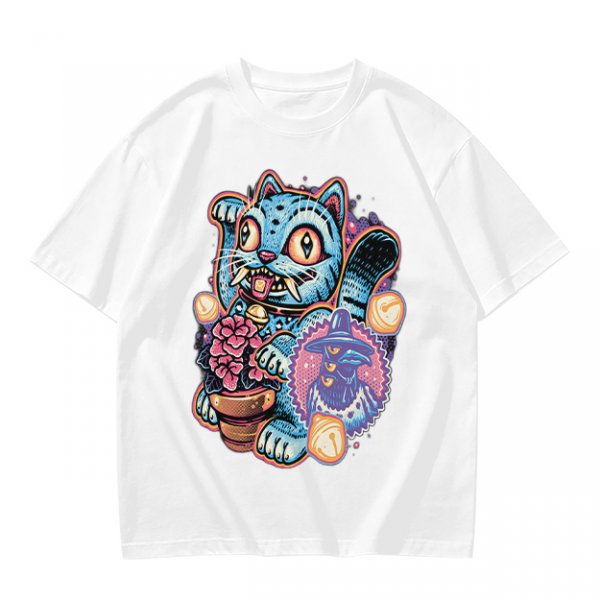 Olive T-Shirt With Maneki-Neko Sabertooth Cat And Crow Art