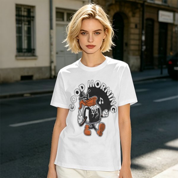Olive t-shirt with retro coffee pot cartoon and Good Morning text