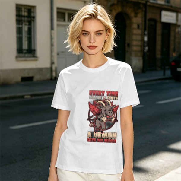 Olive t-shirt with funny demon goat fart joke graphic