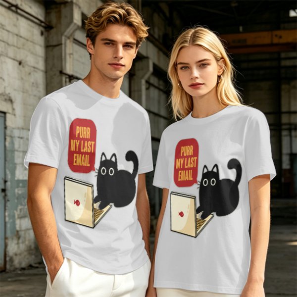 Black cat typing on laptop with 'Purr My Last Email' graphic t-shirt