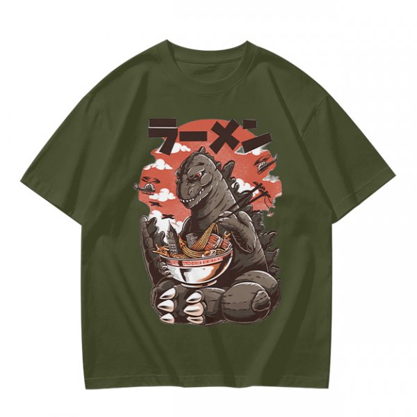 Olive T-shirt with Godzilla eating ramen graphic