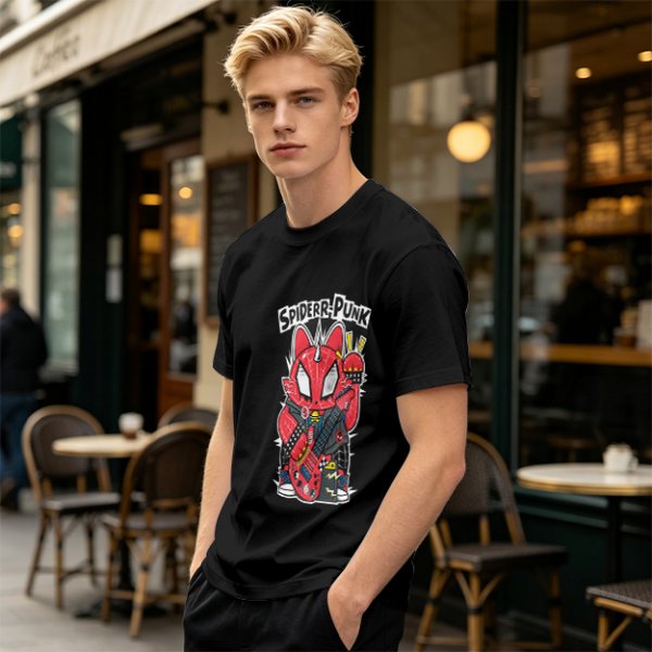 Olive T-shirt with Spider-Punk Cat Playing Guitar Graphic