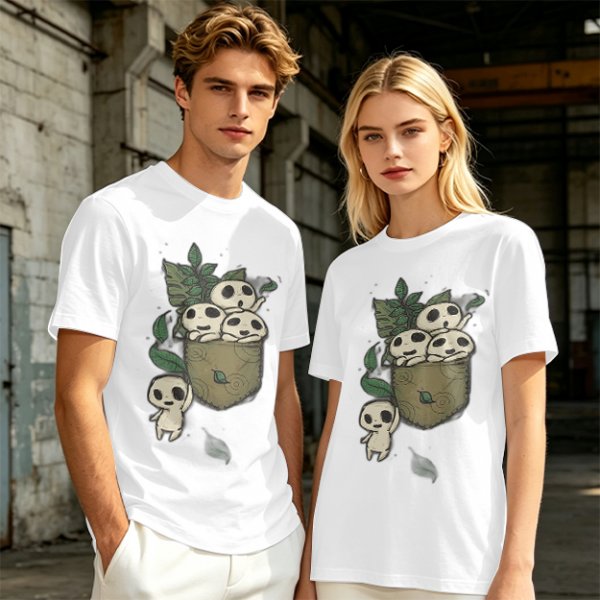 Olive T-shirt with Kodama Tree Spirits in Pocket and Leaves Print