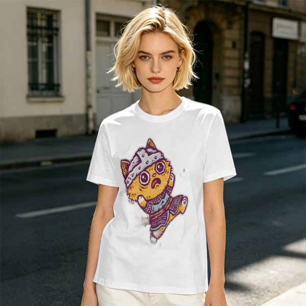 Olive T-Shirt With Scared Viking Cat Graphic Print