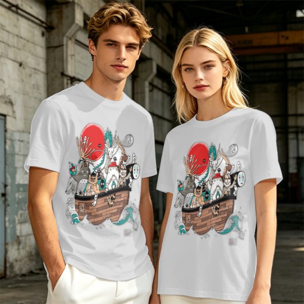 Studio Ghibli Characters Boat Graphic Olive T-Shirt