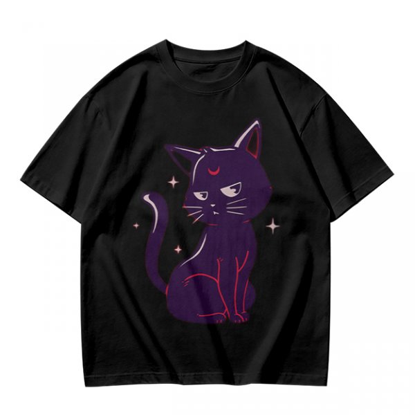 Olive T-Shirt with Sassy Black Cat and Crescent Moon Graphic