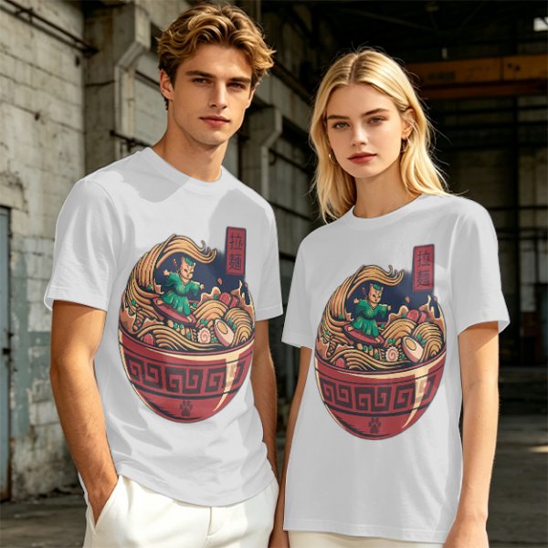 Olive T-shirt with Samurai Cat Surfing Ramen Bowl Art