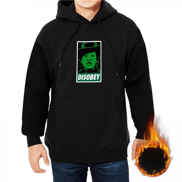 Black hoodie with green 'DISOBEY' portrait graphic print