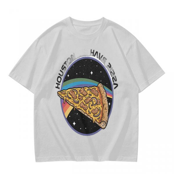 Olive t-shirt with space pizza graphic and Houston have pizza text