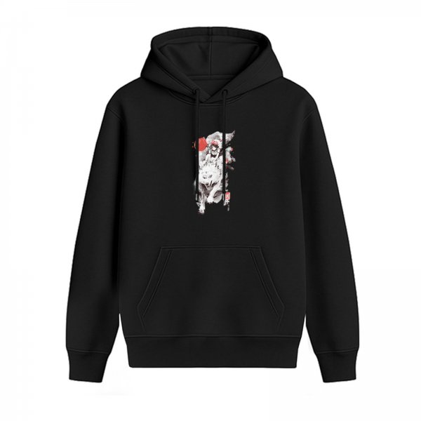 Black Hoodie With Wolf And Red Sun Graphic Print