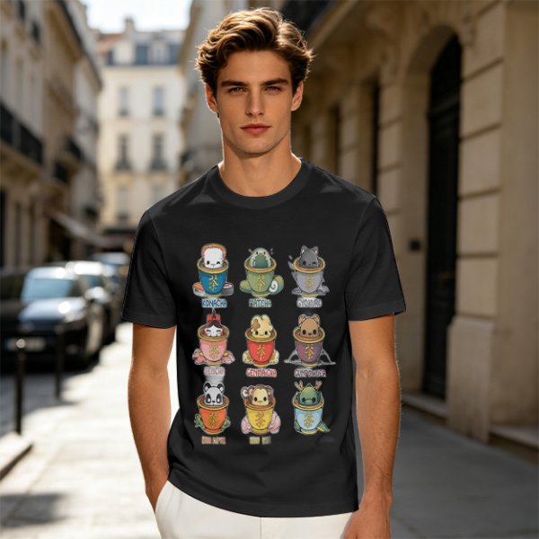Olive T-Shirt With Cute Animal Teacup Character Print