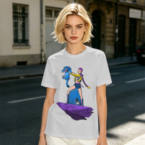 Olive T-shirt with Art Print of Girl Holding Blue Creature on Floating Rock